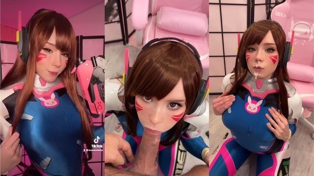 女孩角色扮演《守望先锋》中的 D.Va，吮吸迪克直至面部